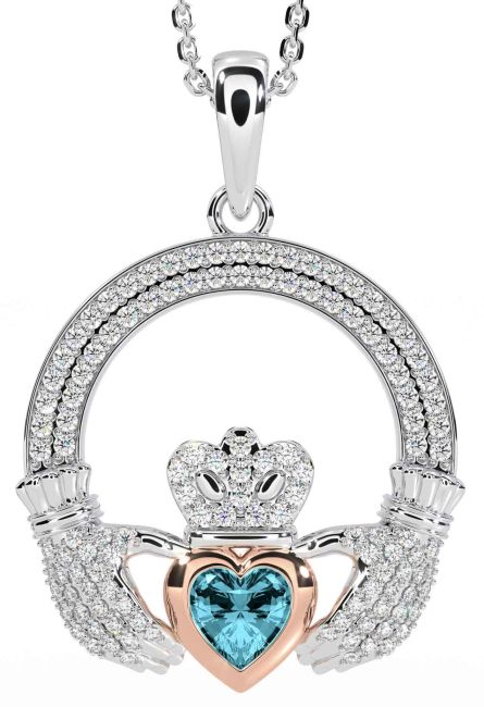 Diamond Aquamarine White Rose Gold Claddagh Necklace