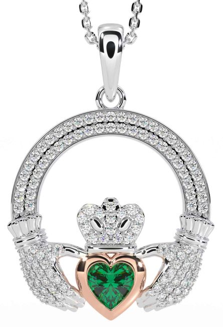 Diamond Emerald White Rose Gold Claddagh Necklace
