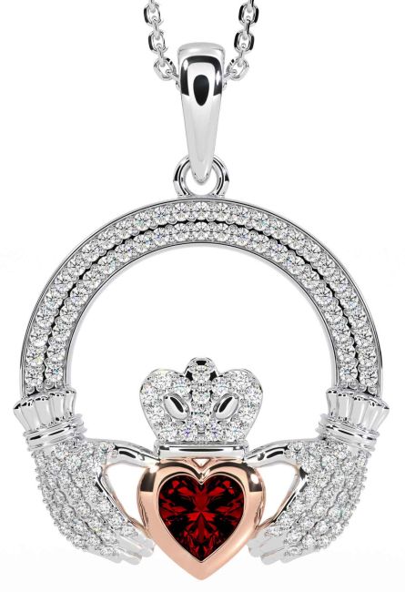 Diamond Garnet White Rose Gold Claddagh Necklace
