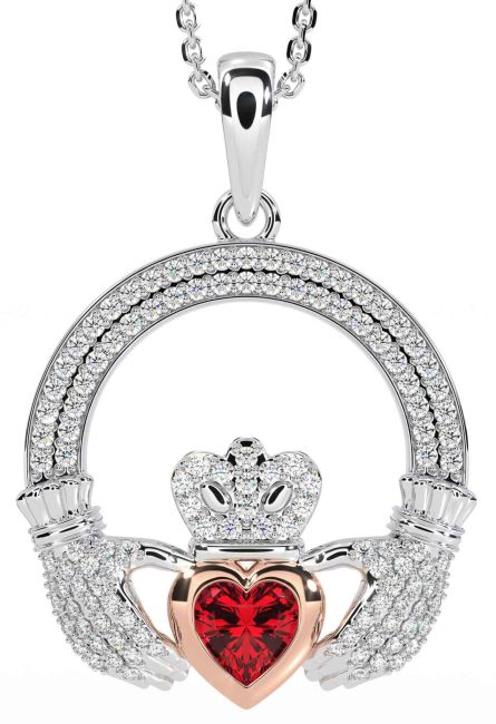 Diamond Ruby White Rose Gold Claddagh Necklace