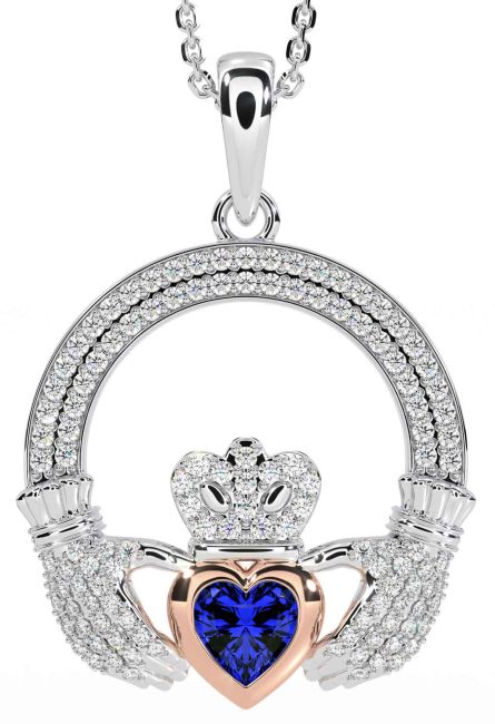 Diamond Sapphire White Rose Gold Claddagh Necklace