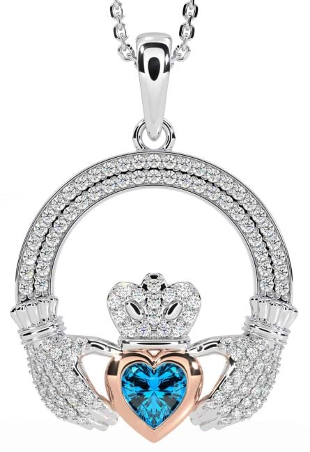 Diamond Topaz White Rose Gold Claddagh Necklace