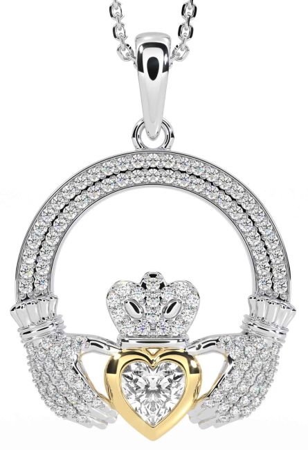 Diamond White Yellow Gold Claddagh Necklace