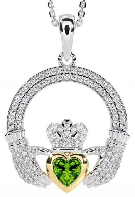 Diamond Peridot White Yellow Gold Claddagh Necklace