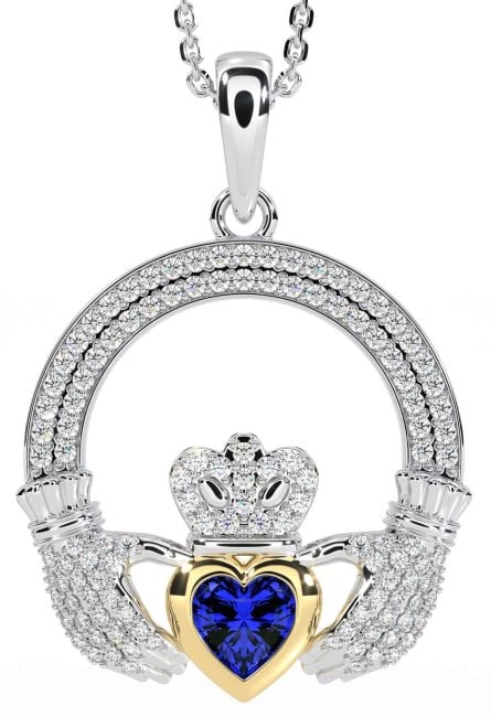 Diamond Sapphire White Yellow Gold Claddagh Necklace