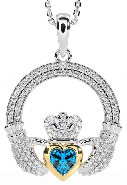 Diamond Topaz White Yellow Gold Claddagh Necklace