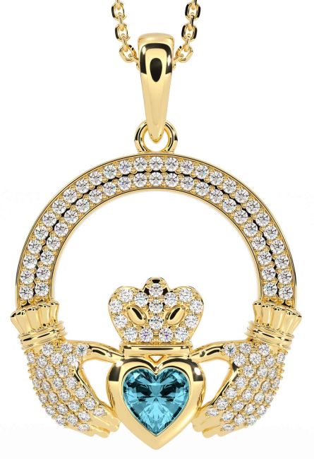 Diamond Aquamarine Gold Claddagh Necklace