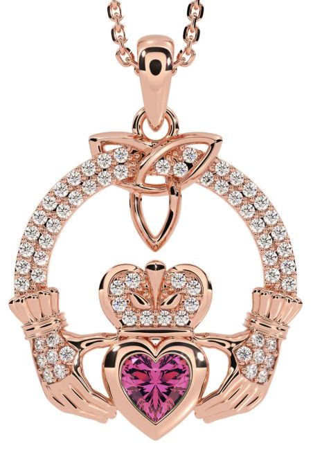 Diamond Pink Tourmaline Rose Gold Silver Claddagh Trinity knot Necklace