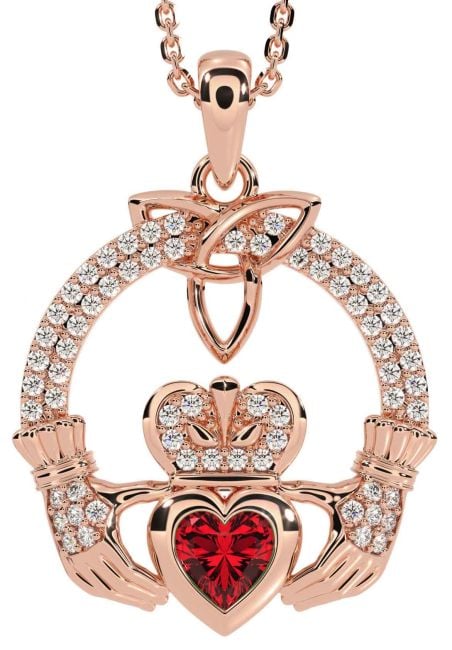 Diamond Ruby Rose Gold Silver Claddagh Trinity knot Necklace