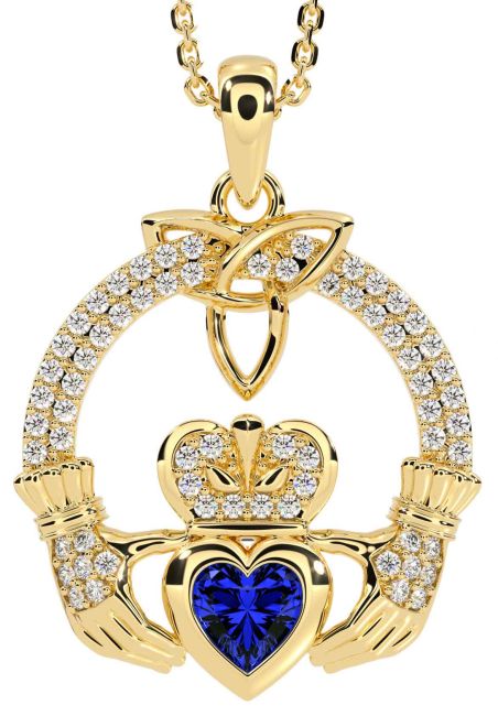 Diamond Sapphire Gold Silver Claddagh Trinity knot Necklace