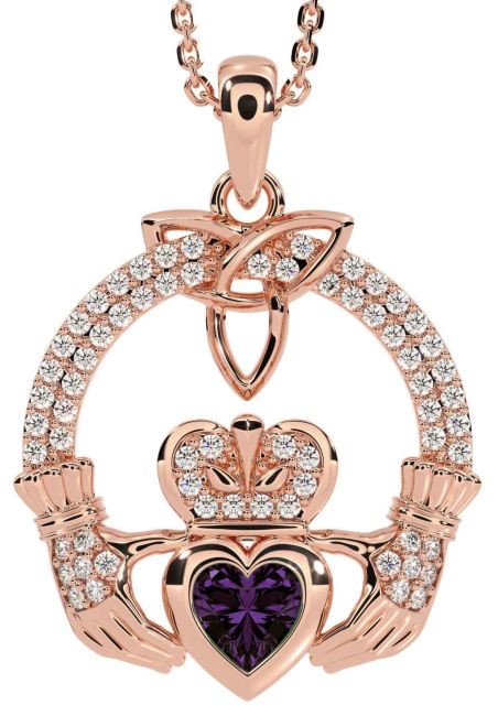 Diamond Alexandrite Rose Gold Claddagh Trinity knot Necklace