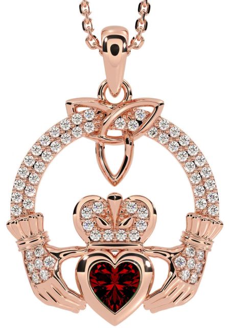 Diamond Garnet Rose Gold Claddagh Trinity knot Necklace