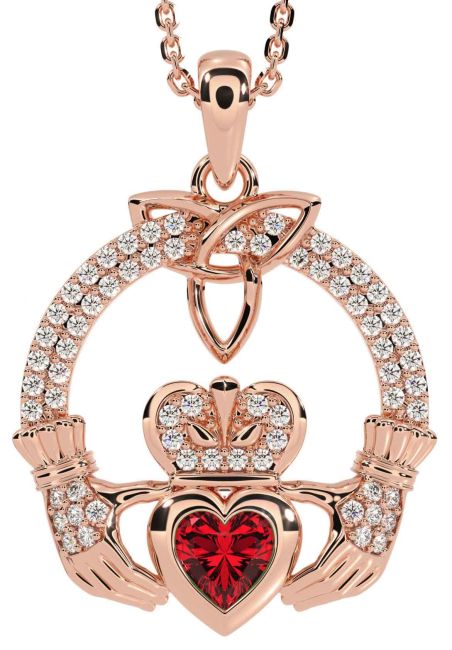 Diamond Ruby Rose Gold Claddagh Trinity knot Necklace