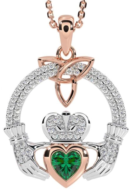 Diamond Emerald White Rose Gold Claddagh Trinity knot Necklace