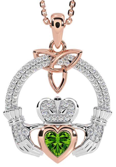 Diamond Peridot White Rose Gold Claddagh Trinity knot Necklace