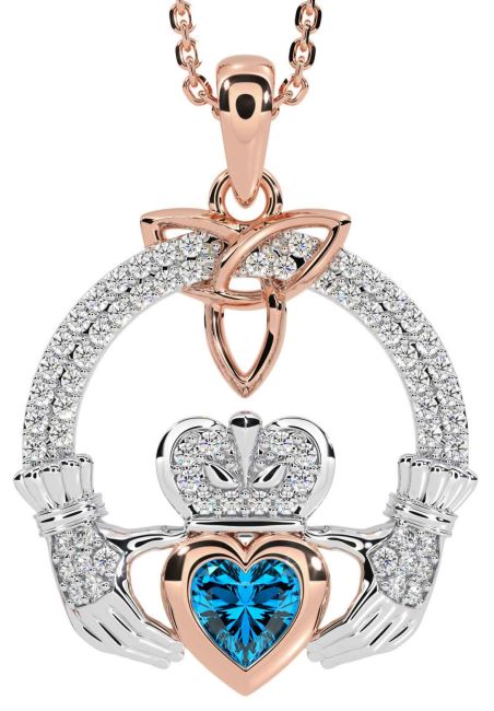 Diamond Topaz White Rose Gold Claddagh Trinity knot Necklace