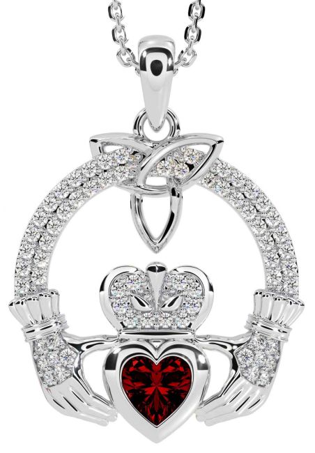 Diamond Garnet Silver Claddagh Trinity knot Necklace