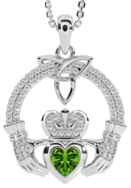 Diamond Peridot Silver Claddagh Trinity knot Necklace