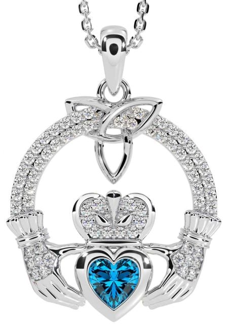 Diamond Topaz Silver Claddagh Trinity knot Necklace