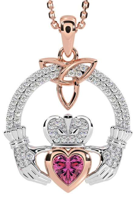 Diamond Pink Tourmaline Rose Gold Silver Claddagh Trinity knot Necklace