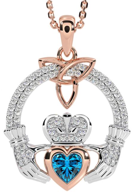 Diamond Topaz Rose Gold Silver Claddagh Trinity knot Necklace