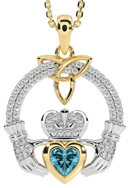 Diamond Aquamarine Gold Silver Claddagh Trinity knot Necklace