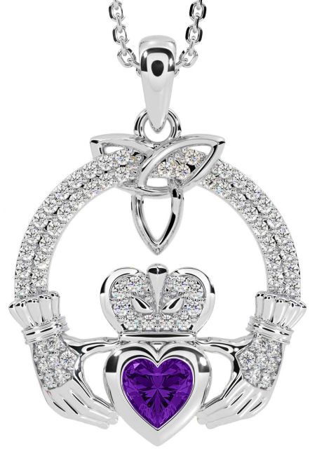 Diamond Amethyst White Gold Claddagh Trinity knot Necklace