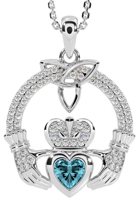Diamond Aquamarine White Gold Claddagh Trinity knot Necklace