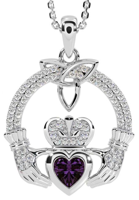 Diamond Alexandrite White Gold Claddagh Trinity knot Necklace