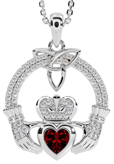 Diamond Garnet White Gold Claddagh Trinity knot Necklace