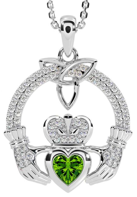 Diamond Peridot White Gold Claddagh Trinity knot Necklace