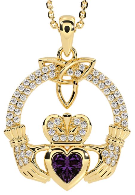 Diamond Alexandrite Gold Claddagh Trinity knot Necklace