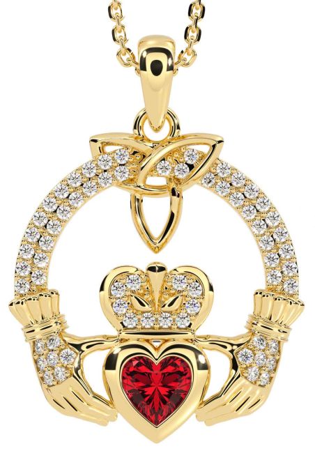 Diamond Ruby Gold Claddagh Trinity knot Necklace