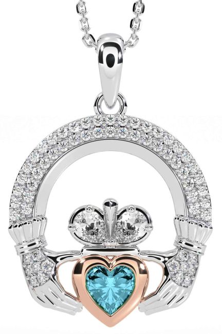 Diamond Aquamarine Rose Gold Silver Claddagh Necklace