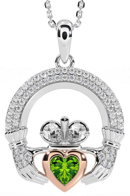 Diamond Peridot Rose Gold Silver Claddagh Necklace
