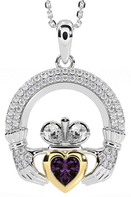 Diamond Alexandrite Gold Silver Claddagh Necklace