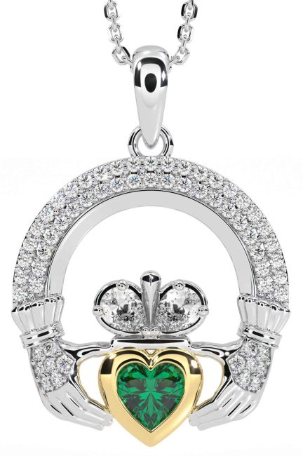 Diamond Emerald Gold Silver Claddagh Necklace