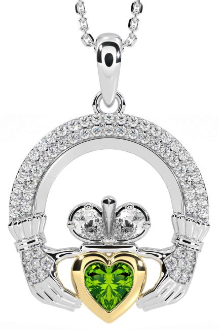 Diamond Peridot Gold Silver Claddagh Necklace