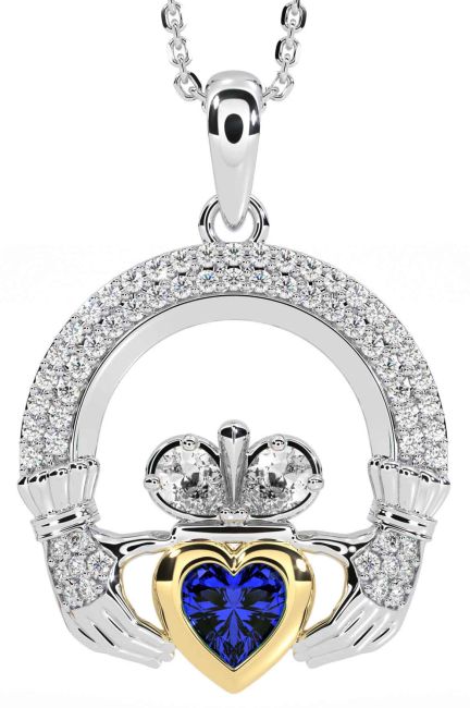 Diamond Sapphire Gold Silver Claddagh Necklace