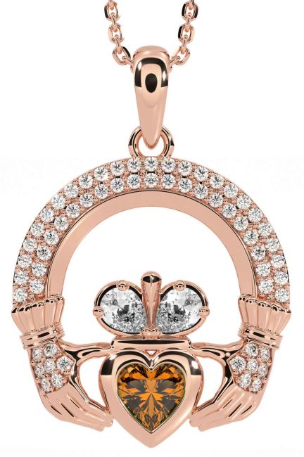 Diamond Citrine Rose Gold Silver Claddagh Necklace