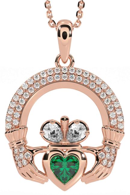 Diamond Emerald Rose Gold Silver Claddagh Necklace