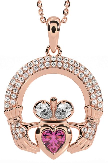 Diamond Pink Tourmaline Rose Gold Silver Claddagh Necklace