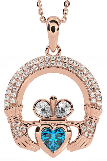 Diamond Topaz Rose Gold Silver Claddagh Necklace