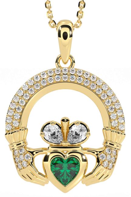 Diamond Emerald Gold Silver Claddagh Necklace