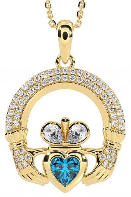 Diamond Topaz Gold Silver Claddagh Necklace