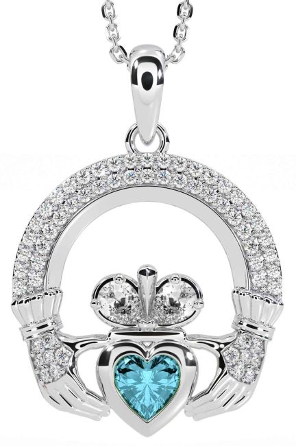 Diamond Aquamarine Silver Claddagh Necklace