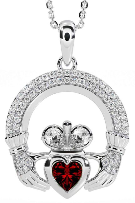 Diamond Garnet Silver Claddagh Necklace