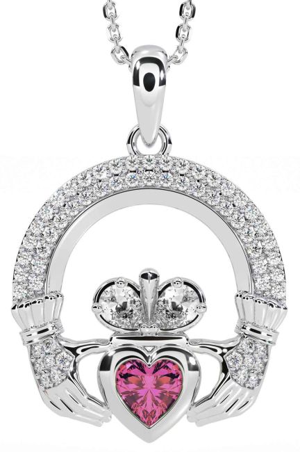 Diamond Pink Tourmaline Silver Claddagh Necklace