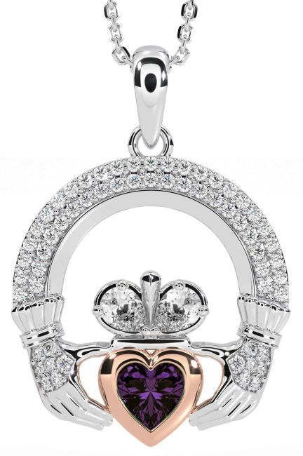 Diamond Alexandrite Rose Gold Silver Claddagh Necklace