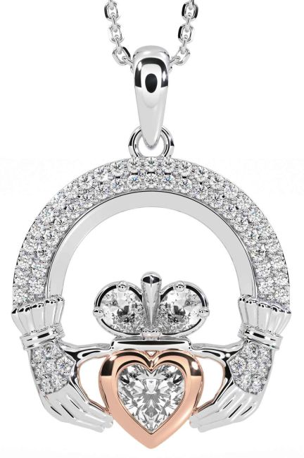 Diamond Rose Gold Silver Claddagh Necklace